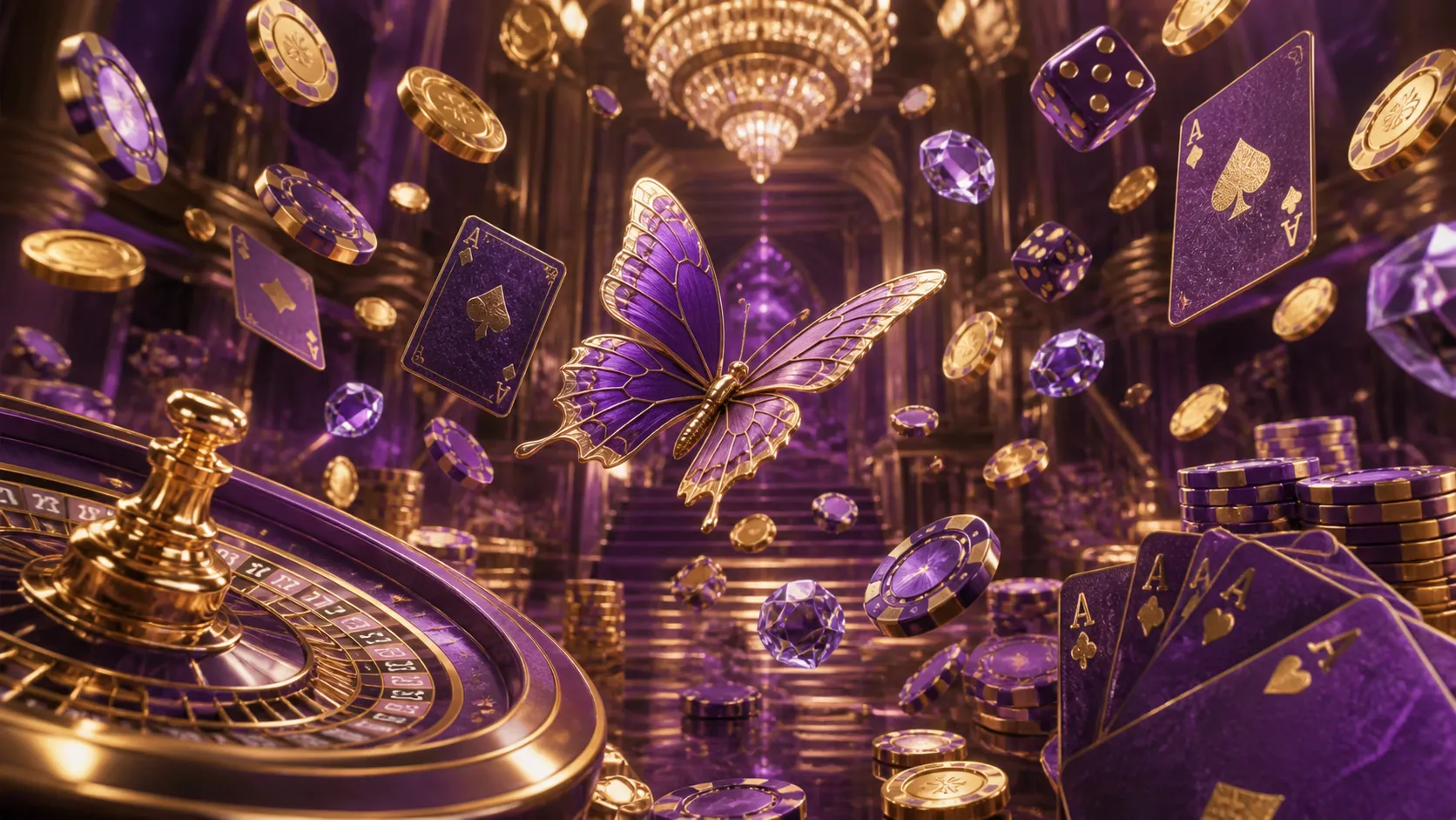 Luxury casino theme with glowing poker chips and dice in a dark atmospheric setting.