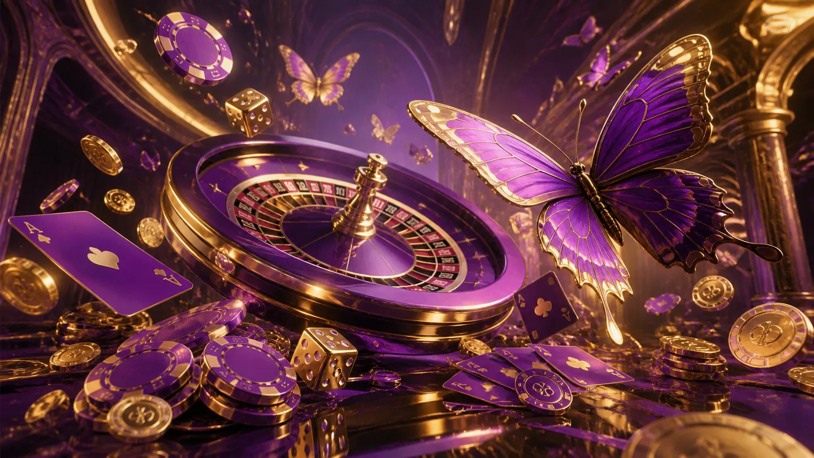 Luxurious hero banner with isometric render featuring poker chips and glowing slot machine surrounded by dynamic casino eleme